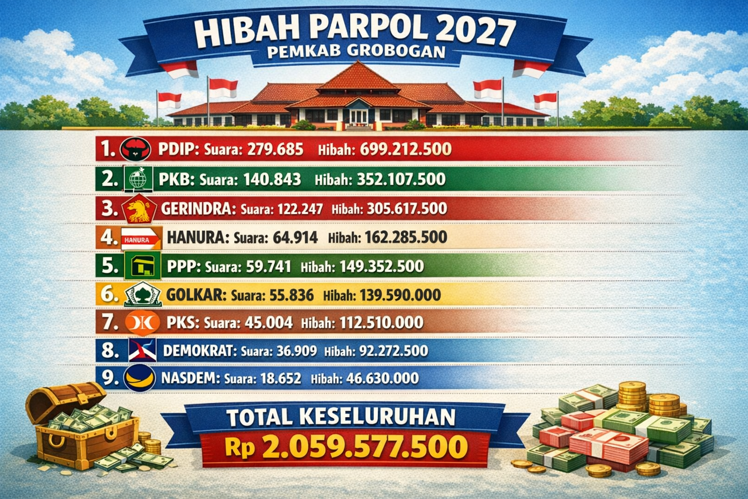 Hibah Parpol Grobogan 2027 Diusulkan Rp 2,05 Miliar, Mengacu Rp 2.500 per Suara Sah